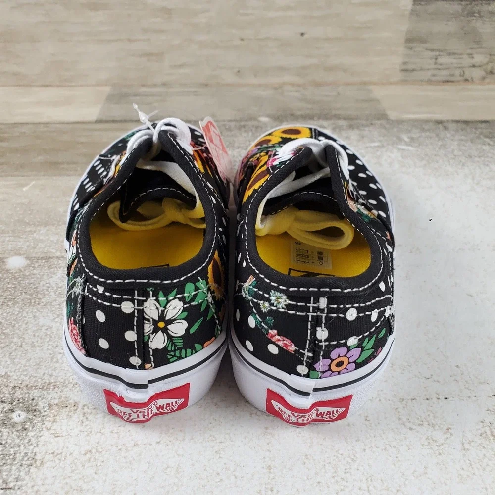 Vans Authentic Kids Shoes Sz 12 Black Yellow Sunflower Patchwork Print Sneakers